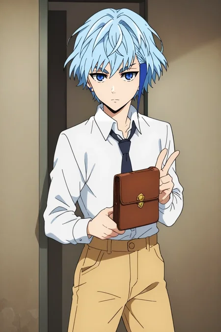 score_9, score_8_up, score_7_up, source_anime, rating_safe, intricate details, anime screencap, , , looking at viewer, , 1boy, solo, male focus, <lora:aguero_agnes_khun_pony:0.96>, aguero_agnes_khun, blue hair, blue eyes, short hair, multicolored hair, streaked hair, , full body, ayers rock, indoors, light, v, peace sign, distracted, aloof, oblivious, , <lora:sdxl_lightning_8step_lora:1>