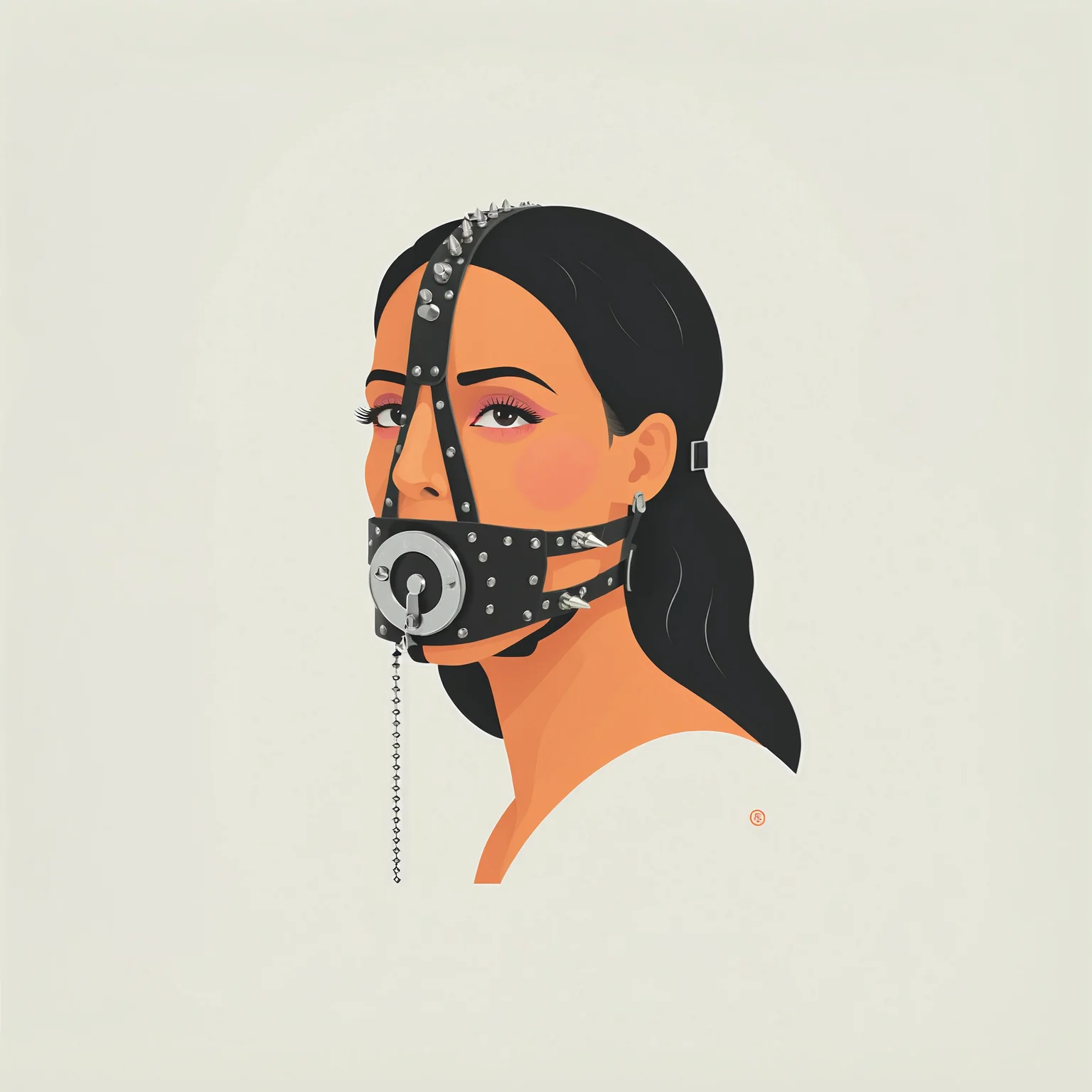 (vector illustration, lineart, stylized art, flat color, logo, icon:1.5), ch, (white background: 1.6), black hair, a beautiful woman, pluggag, portrait, closed mouth, plug on chain