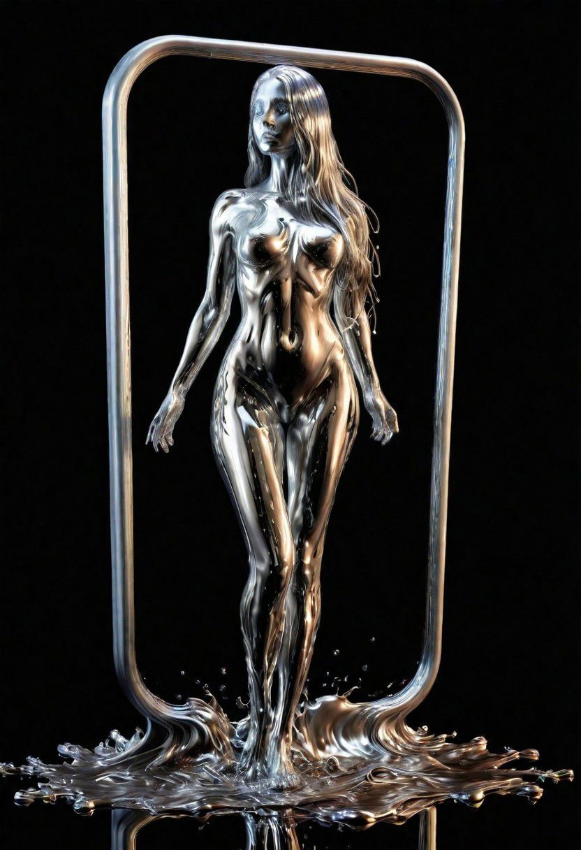 (masterpiece,best quality,ultra-detailed,best illustration:1.3), 1woman, melting, smooth shiny full length metal body, reflection mirror finish, shiny, smooth liquid metal long hair, simple black background