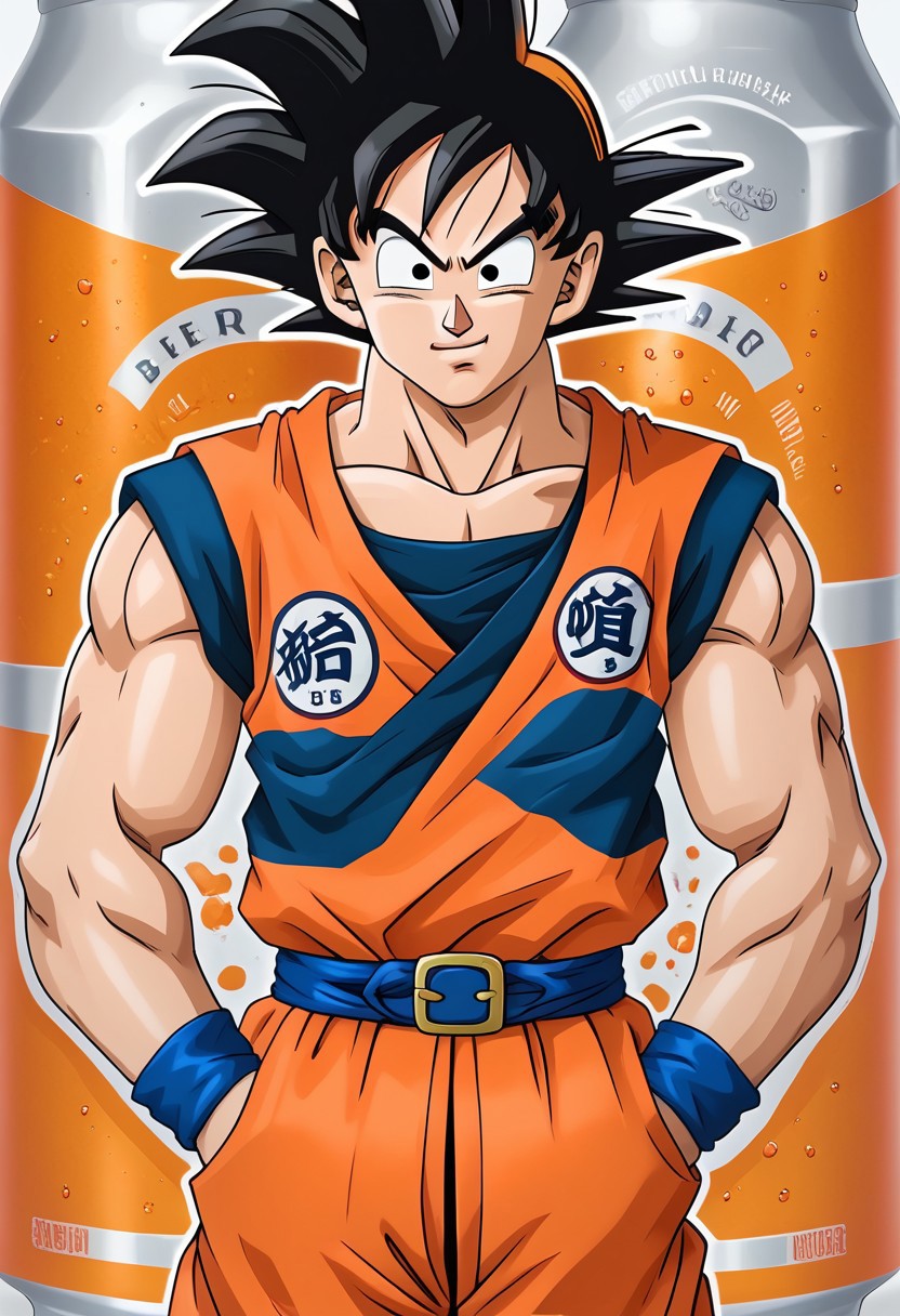 beerlabel, goku, orange Dougie, orange pants, blue belt,