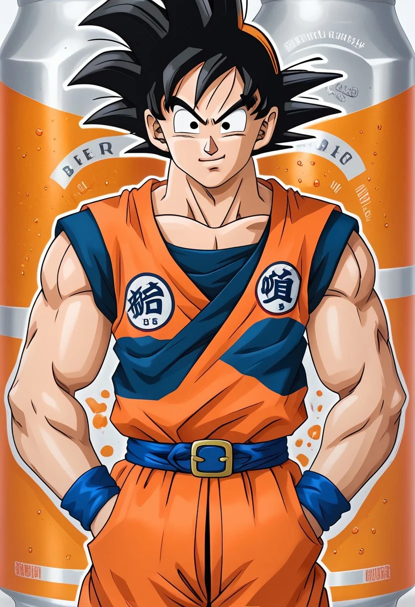 beerlabel, goku, orange Dougie, orange pants, blue belt,