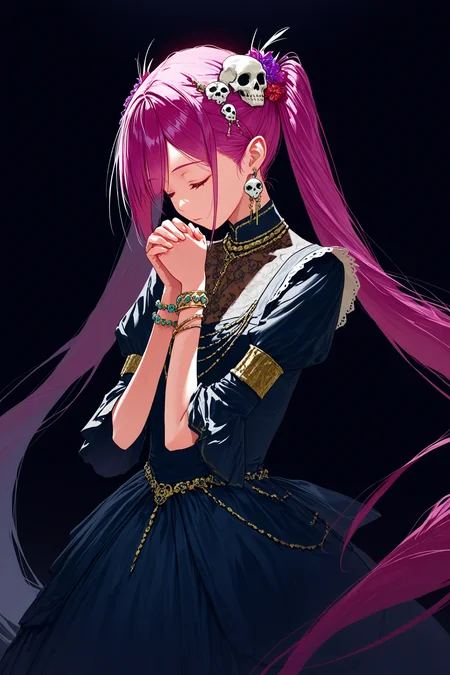(dizi930:1.2), (puririn:0.9), shirabi, (krenz:0.2), some1else45, 
1girl, solo, magenta hair, hair ornament, long hair, flower, closed eyes, praying hands, hair flower, jewelry, twintails, dress, earrings, skull hair ornament, very long hair, skull, bracelet, simple background, black background

<segment:yolo-Anzhc-Face-seg-1024-v2-y8n.pt,0.5,0.4//cid=11>