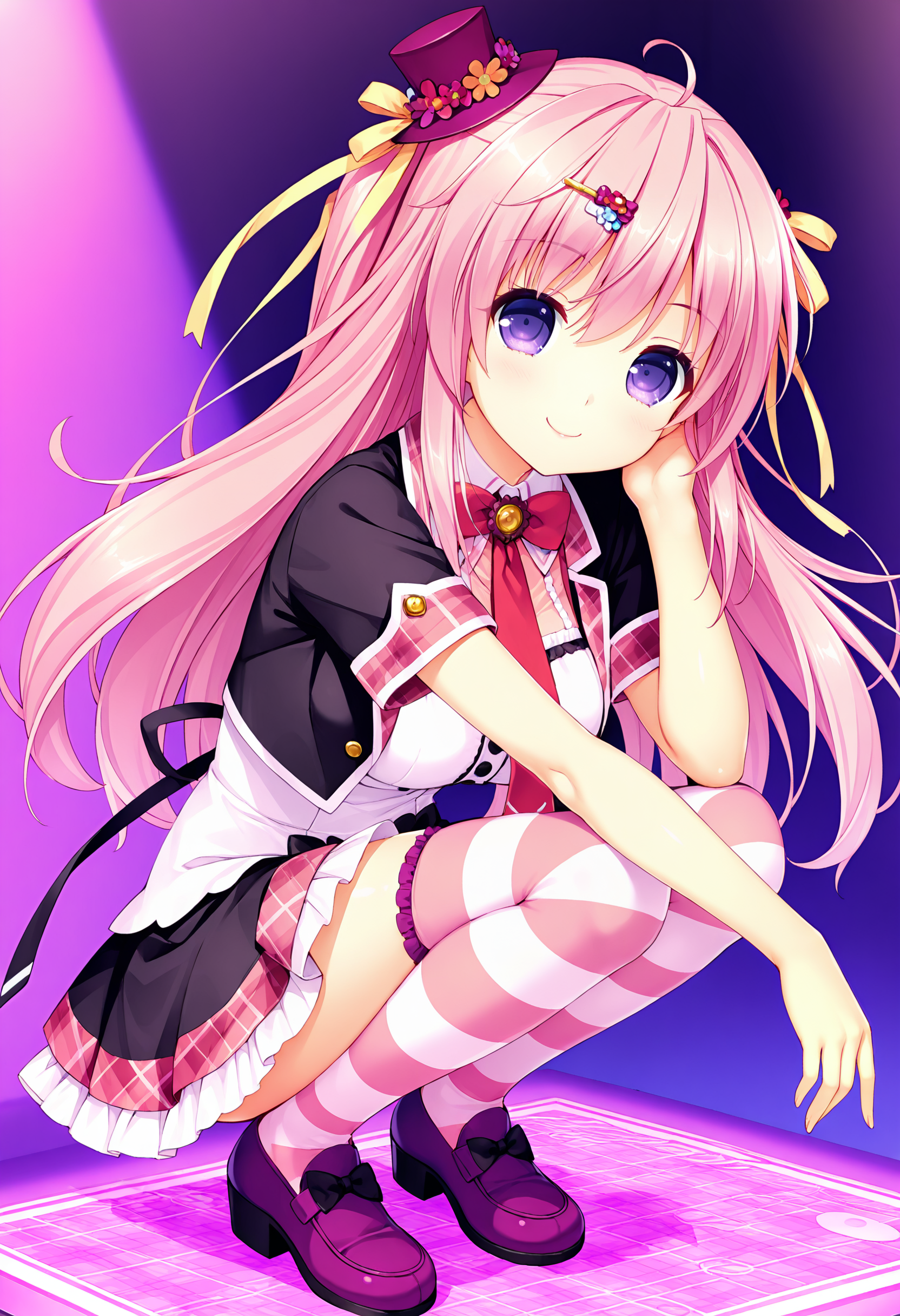 Kiritani Riria,RIRIA,1girl,solo,smile,looking at viewer,mini hat,hair ribbon,pink hair,purple eyes,pink striped thighhighs,short sleeves,plaid,open jacket,black cropped jacket,purple shoes,necktie,white dress,black skirt,bowtie,black button,squatting,<lora:Riria7_Illustrious+noobai-000007:1>,hairclip