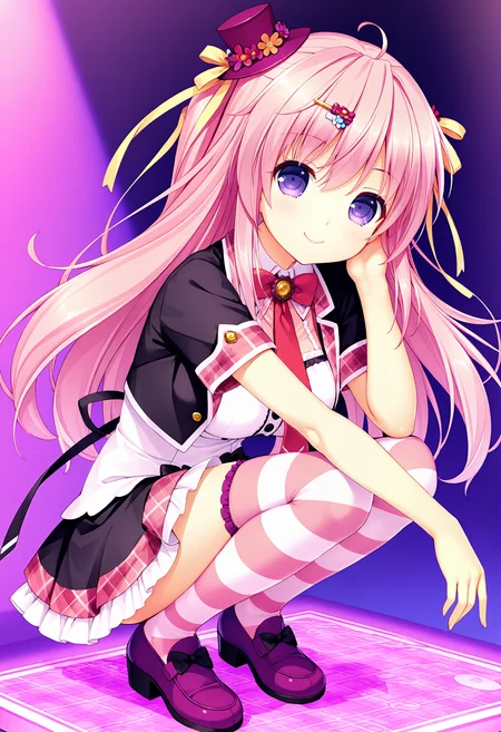 Kiritani Riria,RIRIA,1girl,solo,smile,looking at viewer,mini hat,hair ribbon,pink hair,purple eyes,pink striped thighhighs,short sleeves,plaid,open jacket,black cropped jacket,purple shoes,necktie,white dress,black skirt,bowtie,black button,squatting,<lora:Riria7_Illustrious+noobai-000007:1>,hairclip