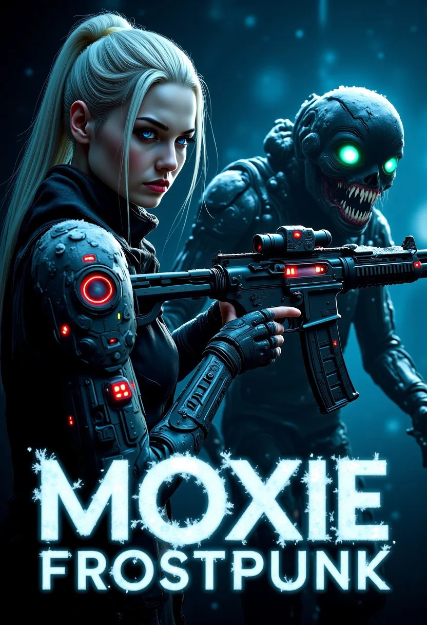 Frostpunk style, dark, horror, A scifi horror movie poster featuring a frostpunk style woman hiding from a crawling eldritch horror. A woman with striking platinum blonde sleek updo with loose strands wearing a snow-covered thermal mechanized combat armor and snow-covered combat boots holding a futuristic assault rifle. Her armor features a thermometer and red glowing diodes. She tries to look around the corner with nervous expression. Around the corner an eldritch horror roams around looking for her. The eldritch horror features glowing emerald eyes, a wide split-jaw with sharp teeth, dark frozen skin covered with snow, elongated arms with sharp claws. The scene is deep inside a dark frozen cave with dim and pale light. The movie title 'Moxie Frostpunk' written at the bottom of the image in bold scifi font with freezing effect. Production credits below the movie title. aidmatextimprover