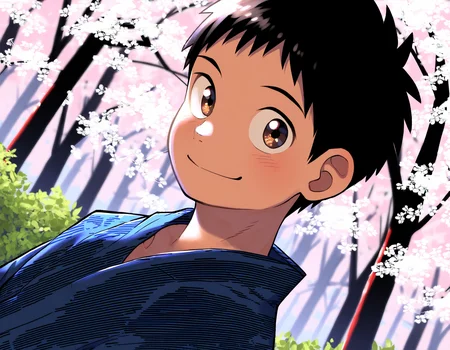 masterpiece, eeroku-style, very awa, outdoors, spring, trees, sakura, from side, upper body, dutch angle, 1boy, solo, black hair, brown eyes, japanese clothes, yukata, smile, looking at viewer <lora:a6_naiXL_v1Nb-ShoAI:1>