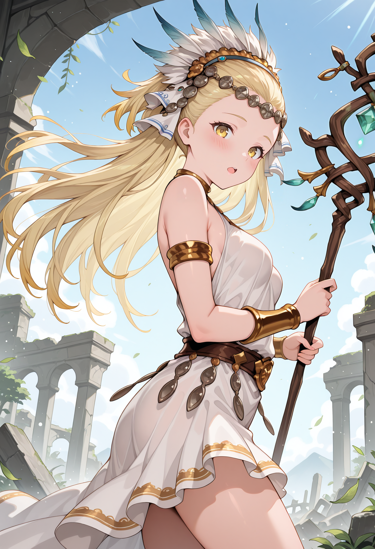 highres, best quality, masterpiece, outdoors, ruins, blue sky,
1girl, solo, gbfpetra, long hair, blonde hair, yellow eyes, circlet, feathers, headdress, hair ornament,
white dress, sleeveless, bare shoulders, belt, armlet, bracer, jewelry,
looking at viewer, blush,
from side, open mouth, holding staff,
falling leaves, light particles,  
<lora:_petra_gbf-elesico-ilxl:1>
