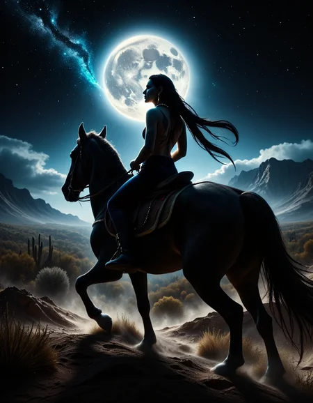 Epic cinematic scene,realistic photo with dramatic moonlit lighting,rule of thirds composition,a lone woman with long black hair and small breasts riding a powerful horse through a vast desert landscape under a glowing full moon,her silhouette stark against the night sky. She wears a bead bracelet,jewelry,and black boots,her body turned slightly as she looks back at the viewer with intensity,her braid flowing in the cool night breeze. The horse gallops beneath her,strong and determined,as distant mountains and cacti stand tall in the background beneath the mysterious night sky filled with stars and clouds. The pale moonlight creates long shadows,illuminating her tattooed back and exposed skin,adding to the sense of intrigue. Her lips are slightly parted,earrings shimmering in the moonlight as she rides towards an uncertain future. The scene is filled with tension and mystery,as she confronts the shocking truth about her identity and stands at the crossroads of fate,with her decision looming under the silent witness of the "Cactus Moon",<lora:Dever_Flux_Enhancer:1>,the,and,with,vision,scene,light,world,nature,<lora:Herbst_Photo_Extra_Texture:1>,realistic,<lora:fluxenhancer:1>,fluxenhancer,