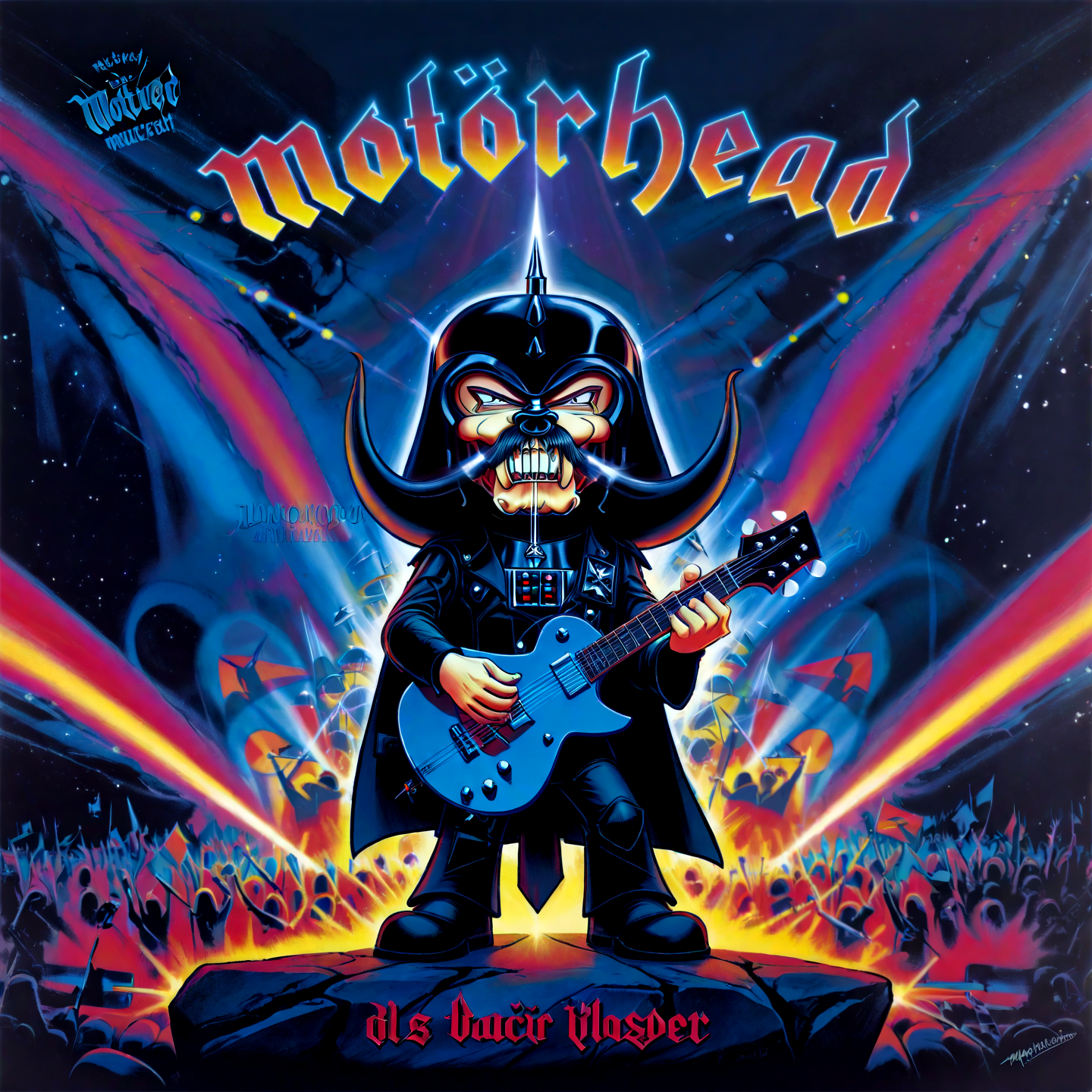Disney animation style Dath Vader as lemmy from motörhead, playing guitar on a rock concert, motörhead_cover, record cover, animation,,. Bright colors, fluid motion, charming characters, wholesome storytelling, hand-drawn animation