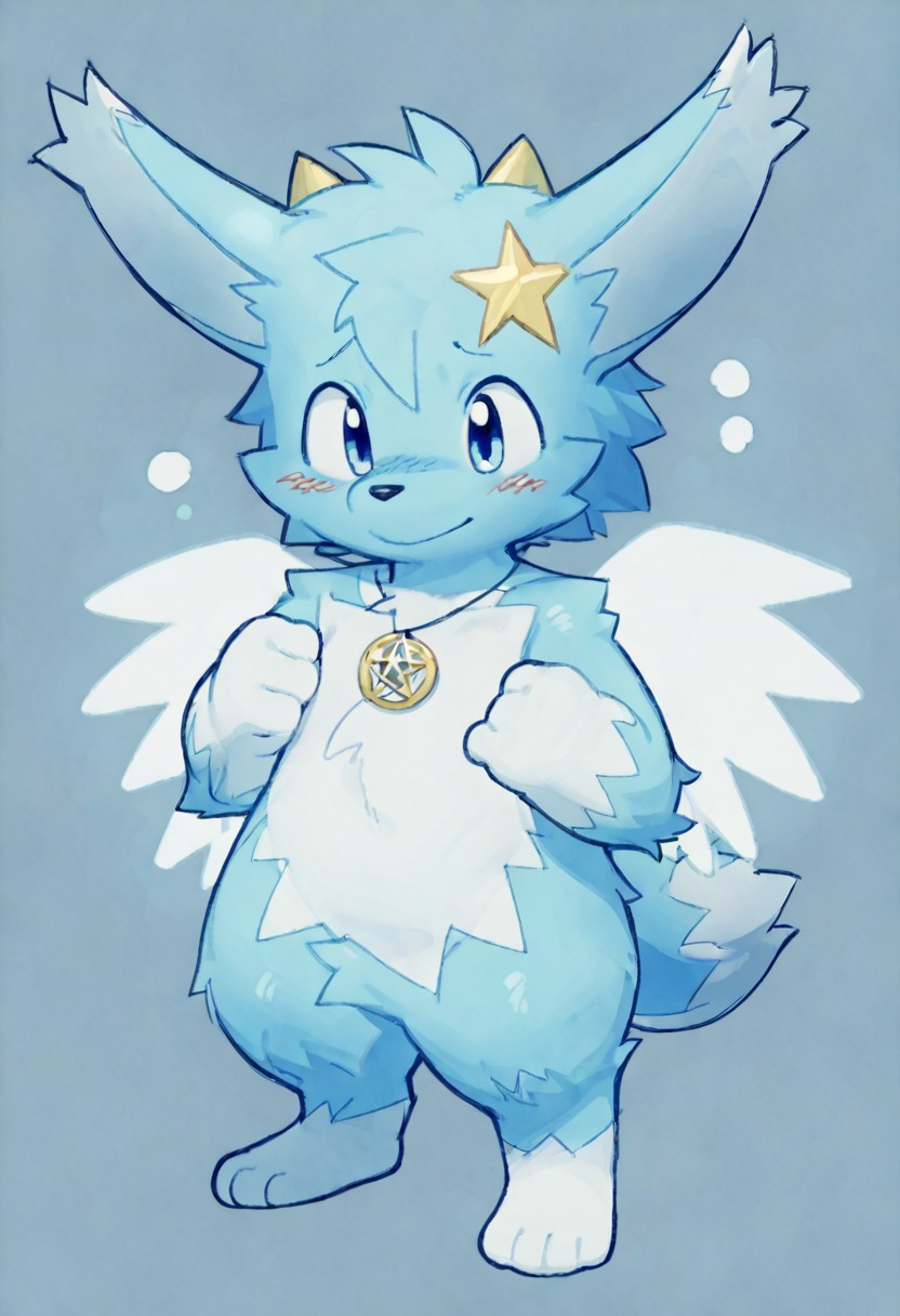 gjem, score_9, zPDXL3, stella (hitsuji umino), 1boy, furry, solo, blue theme, full body, blushing, renpychargen, simple background