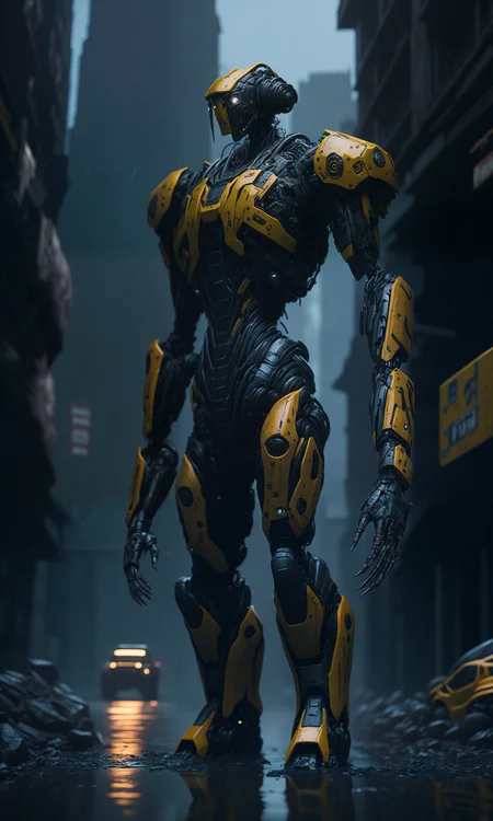 photo of half life combine standing outside city 17, glossy robot, rainy, rtx, octane, unreal