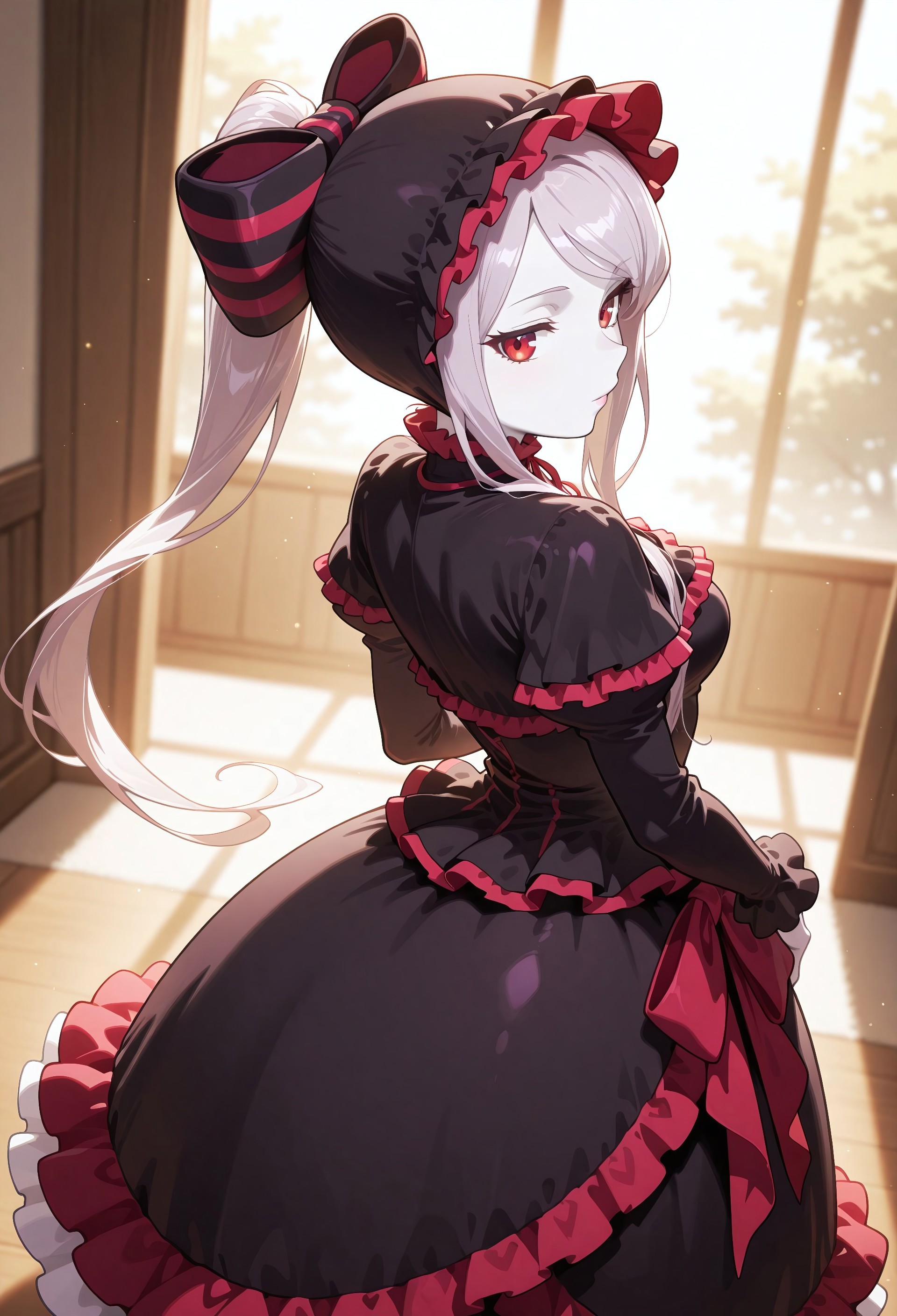 BREAK depth of field, ambience sense, perspective, dynamic angle, from side, crisp detail, crisp edges, harsh lighting, harsh shadows, anime eyes, detailed anime eyes

BREAK illushalltear, pale skin, red eyes, long hair, ponytail, hair bow, bonnet, black dress, long sleeves, frilled dress, style_name, warm light style

BREAK very awa, masterpiece, amazing quality, absurdres, newest, very aesthetic