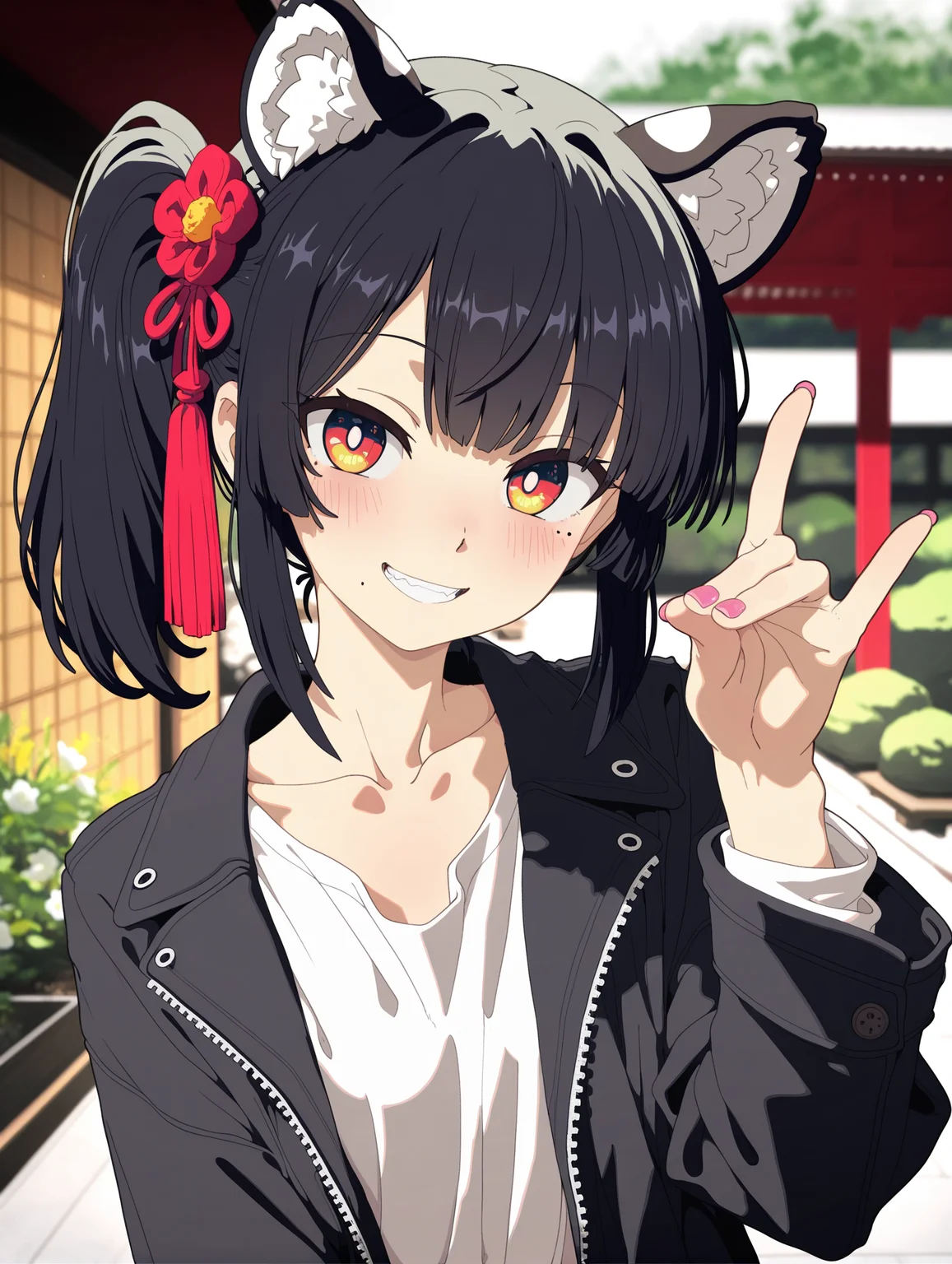 1girl, original, (artist:Ebora:0.9), (artist:memekko:1.1), artist:ushiki yoshitaka, artist:butterchalk, (artist:egami:0.7), artist:ogipote, side ponytail, sideburns, multicolored eyes, Japanese garden, (year 2024:1.1), flower, mole, red eyes, shirt, mole under eye, year of the tiger, upper body, jacket, animal ears, solo, white shirt, blurry, long sleeves, grin, looking at viewer, yellow eyes, black jacket, hand up, blush, smile, mole on cheek, fox shadow puppet, pink nails, very awa hime, chinese zodiac, collarbone, tassel,
,masterpiece,best quality,amazing quality,