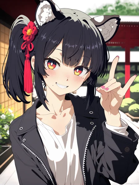 1girl, original, (artist:Ebora:0.9), (artist:memekko:1.1), artist:ushiki yoshitaka, artist:butterchalk, (artist:egami:0.7), artist:ogipote, side ponytail, sideburns, multicolored eyes, Japanese garden, (year 2024:1.1), flower, mole, red eyes, shirt, mole under eye, year of the tiger, upper body, jacket, animal ears, solo, white shirt, blurry, long sleeves, grin, looking at viewer, yellow eyes, black jacket, hand up, blush, smile, mole on cheek, fox shadow puppet, pink nails, very awa hime, chinese zodiac, collarbone, tassel,
,masterpiece,best quality,amazing quality,