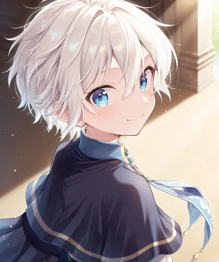 intricately detailed illustration, shiny skin, masterpiece, best quality, amazing quality, very aesthetic, newest, scenery, (volumetric lighting:1.1), full color, clear line, <lora:van_v1:0.8>, 1boy, van, blue eyes, white hair, short hair, black jacket, white shirt, tie, aiguillette, shorts, upper body, looking back, smile, simple background, <lora:cfg_scale_boost:0.7>