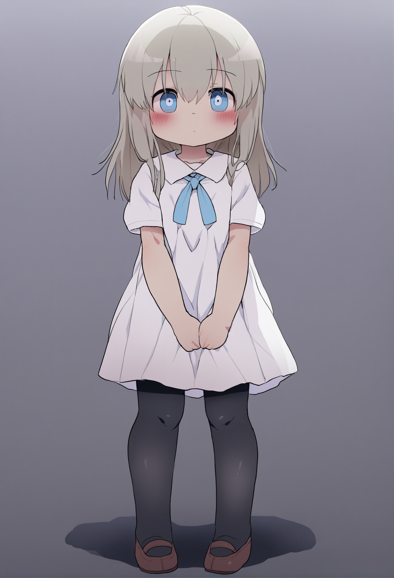 masterpiece, hyper detailed, best quality,(furry:1.3),1girl, solo, white dress, dress, long hair, blue eyes, ribbon, pantyhose, school uniform, full body, bangs, grey hair, looking at viewer, white background, closed mouth, hair between eyes, short sleeves, standing, blush, simple background ,<lora:DAGASIXLlokr8f-000188:0.95>