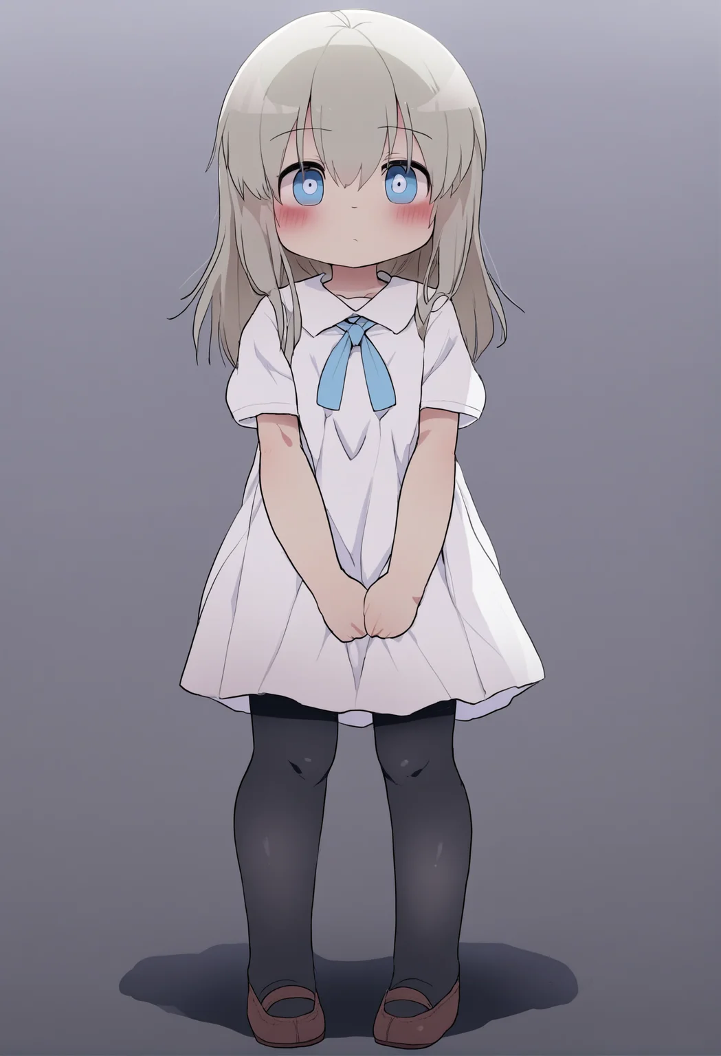 masterpiece, hyper detailed, best quality,(furry:1.3),1girl, solo, white dress, dress, long hair, blue eyes, ribbon, pantyhose, school uniform, full body, bangs, grey hair, looking at viewer, white background, closed mouth, hair between eyes, short sleeves, standing, blush, simple background ,<lora:DAGASIXLlokr8f-000188:0.95>