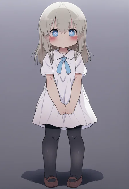 masterpiece, hyper detailed, best quality,(furry:1.3),1girl, solo, white dress, dress, long hair, blue eyes, ribbon, pantyhose, school uniform, full body, bangs, grey hair, looking at viewer, white background, closed mouth, hair between eyes, short sleeves, standing, blush, simple background ,<lora:DAGASIXLlokr8f-000188:0.95>
