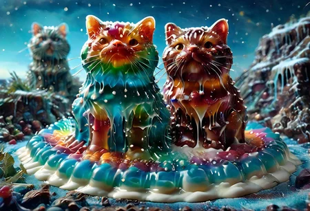 high quality, (Domination of the blue color:2), Jellystyle, stone bridge<lora:bad_prompt_version2-neg:1> <lora:By bad artist -neg:1> <lora:Jelly_Style:1> (rainbow color grading:1.5). (Icing milk:2). (Sugar coating :1). berry made of jelly. River of milk. ais-chocsauce Mountains. Crystallized Sugar Rain. The floor is covered with honey. Multi-colored Jellystyle cat.
(Fish) Made of gum with glowing precious stones is shown into the jello realm. From the right of the frame, the Jellystyle cat.
CastleBreizh XL Mk8 on the left.
Asymetric composition, dynamic pose, field of depth, grass in the foreground. Close-up view from below.
cat on glass, cat, animal focus, lying, from below.