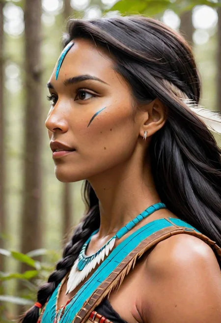 Ultra Realistic, side view, portrait, Pocahontas, scrolling on mobile phone