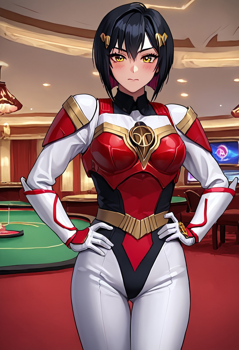 score_9, score_8_up, score_7_up, source_anime, zPDXL, zPDXLpg, <lora:offset_0.2:0.1>, <lora:spo_sdxl_10ep_4k-data_lora_webui:1>,
1girl, solo,
rngue, black hair, colored inner hair, yellow eyes, short hair, hairclip, <lora:nikkeRougeV1:0.7>,
sazermithras, white bodysuit, black leotard, armor, belt, white gloves, gauntlets, <lora:Sazer_Mithras:1.0>,
hand on own hip, standing, cowboy shot, blush,
indoors, casino