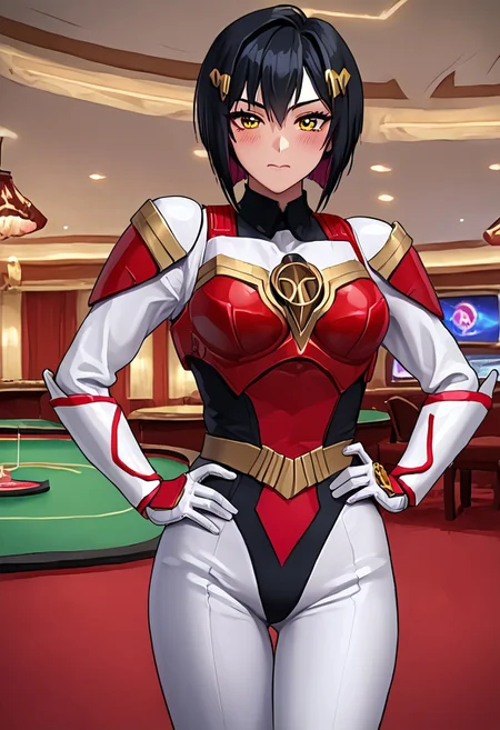 score_9, score_8_up, score_7_up, source_anime, zPDXL, zPDXLpg, <lora:offset_0.2:0.1>, <lora:spo_sdxl_10ep_4k-data_lora_webui:1>,
1girl, solo,
rngue, black hair, colored inner hair, yellow eyes, short hair, hairclip, <lora:nikkeRougeV1:0.7>,
sazermithras, white bodysuit, black leotard, armor, belt, white gloves, gauntlets, <lora:Sazer_Mithras:1.0>,
hand on own hip, standing, cowboy shot, blush,
indoors, casino