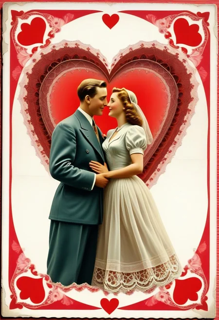 masterpiece, best quality, very aesthetic, absurdres, ultra-HD, cinematic lighting, volumetric lighting, raytracing, perfect Old postcard, 1944, vintage love postcard from the front, fractal dimension, for Valentine's Day, a loving couple. worn corners, worn edges, a little creased,