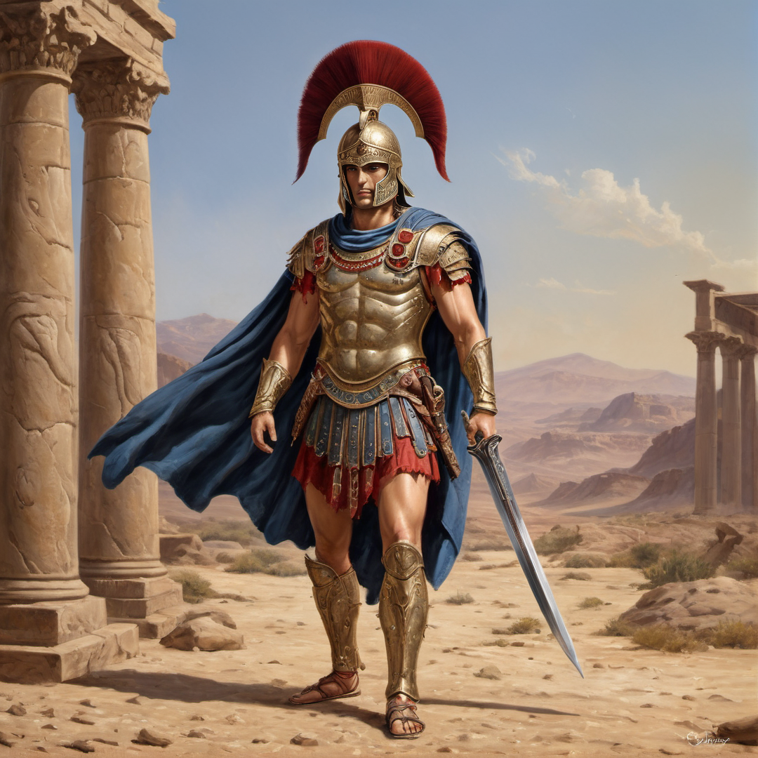 a classical oil painting of achilles, (spartan champion warrior), old spartan armor, double-plumed spartan helmet, helmet spikes, engraved iron cuirass, engraved, with crimson and black details, blood spattered, holding a sword, longsword, (black | navy-blue) cloak, full body portrait, full height photograph, perfect lighting, highly detailed, intricate, facing viewer, masterpiece, 4K, 8K, artstation, ancient ruins barren egyptian desert background, full shot, sandals, albert bierstadt, greg rutkowski, (in the style of Clyde Caldwell)  <lora:Spartan_Armor_XL:0.5>   <lora:RPGGuardsXL:0.2>