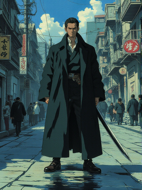 anime style, a man with a sword is standing in the street  <lora:Anime_style:0.9>