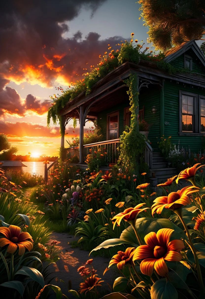 style by Terry Redlin,best quality,high resolution,extremely detailed,8k,dynamic angle, unreal 5 engine,creative,unconventional,creative dramatic sunset realism demonstration masterpiece inspired by exotic,green floral nature,huge busy maximalist scene