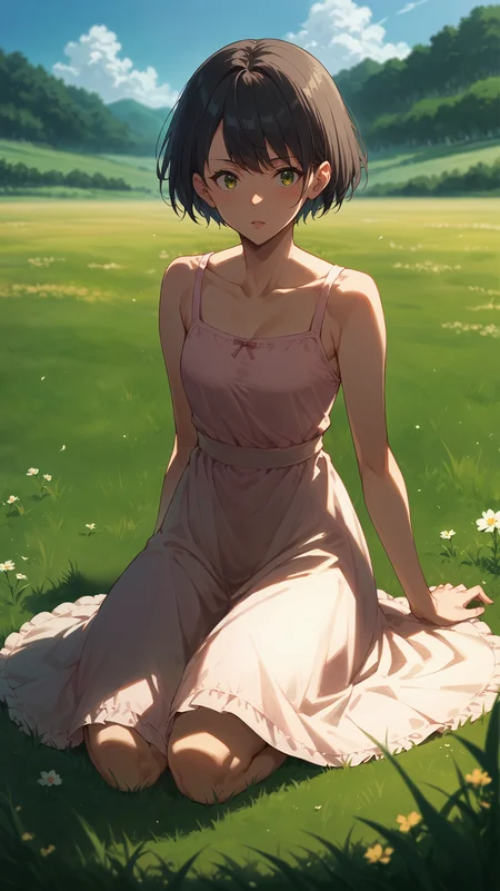 score_9,score_8_up,score_7_up,score_6_up, <lora:xl_more_art-full_v1:0.5>, source_anime, girl, dynamic pose, sitting with her back arched, <lora:Song-Yi Han - Pony-000004:0.7>, short hair, black hair, green eyes, pink sundress, open field, tall grass, blurry foreground, depth of field,