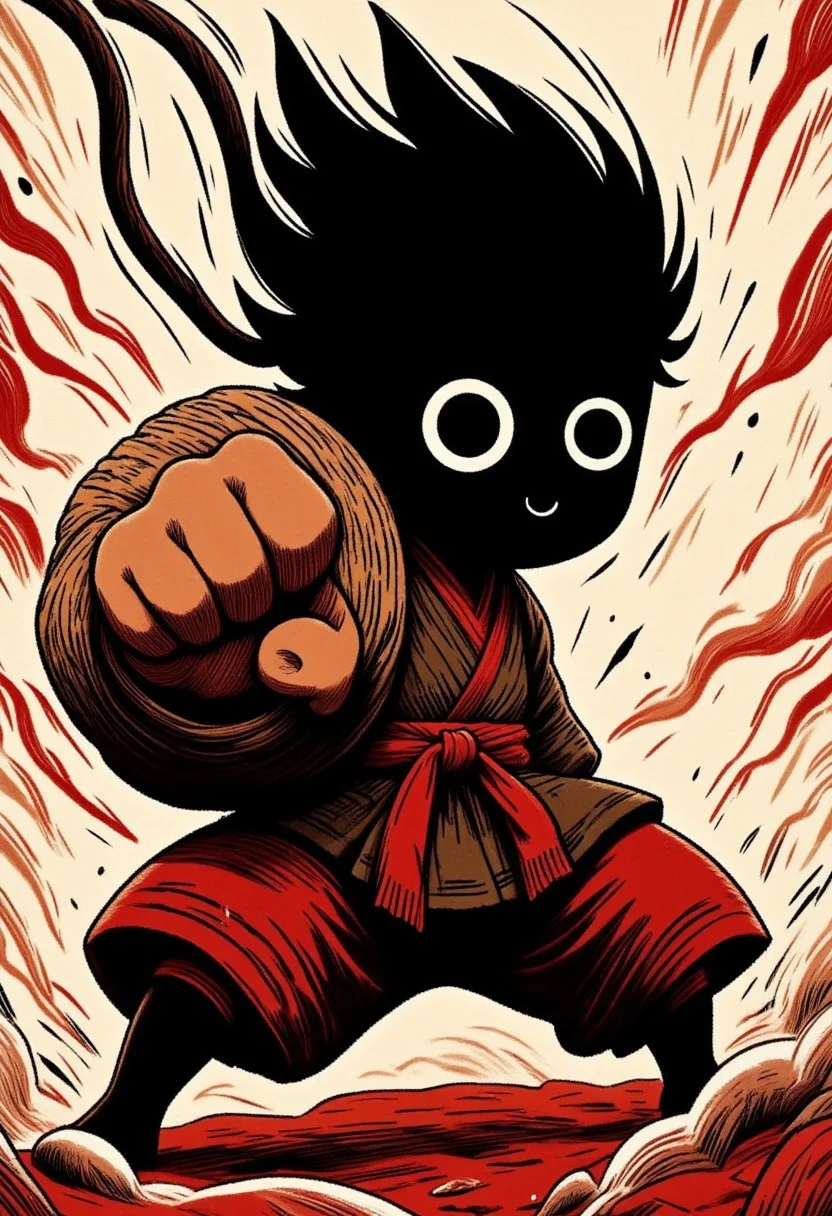 ZanyEyesStyle, M100-style, extreme Closeup, detailed black Silhouette of Battle worn muscular ninja, Fist Up, bold with Motion lines, red and Brown themed, eye-trails, Sideview, White billowing aura