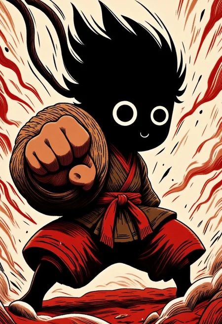 ZanyEyesStyle, M100-style, extreme Closeup, detailed black Silhouette of Battle worn muscular ninja, Fist Up, bold with Motion lines, red and Brown themed, eye-trails, Sideview, White billowing aura