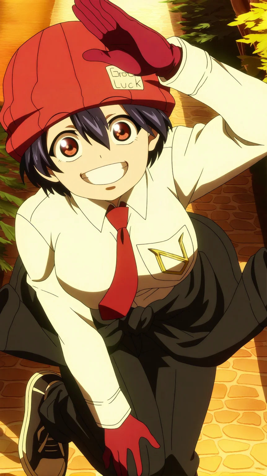 source_anime, masterpiece, best quality, amazing quality, anime screencap, high quality, 8k, absurdres, official style, bright, <lora:Fuuko_Izumo_iL:1>, fuuk0 1zum0, brown eyes, black hair, short hair, hair between eyes, union outfit, shirt, red gloves, long sleeves, necktie, shoes, pants, red necktie, clothes around waist, jacket around waist, hat, smile, teeth, looking at viewer,