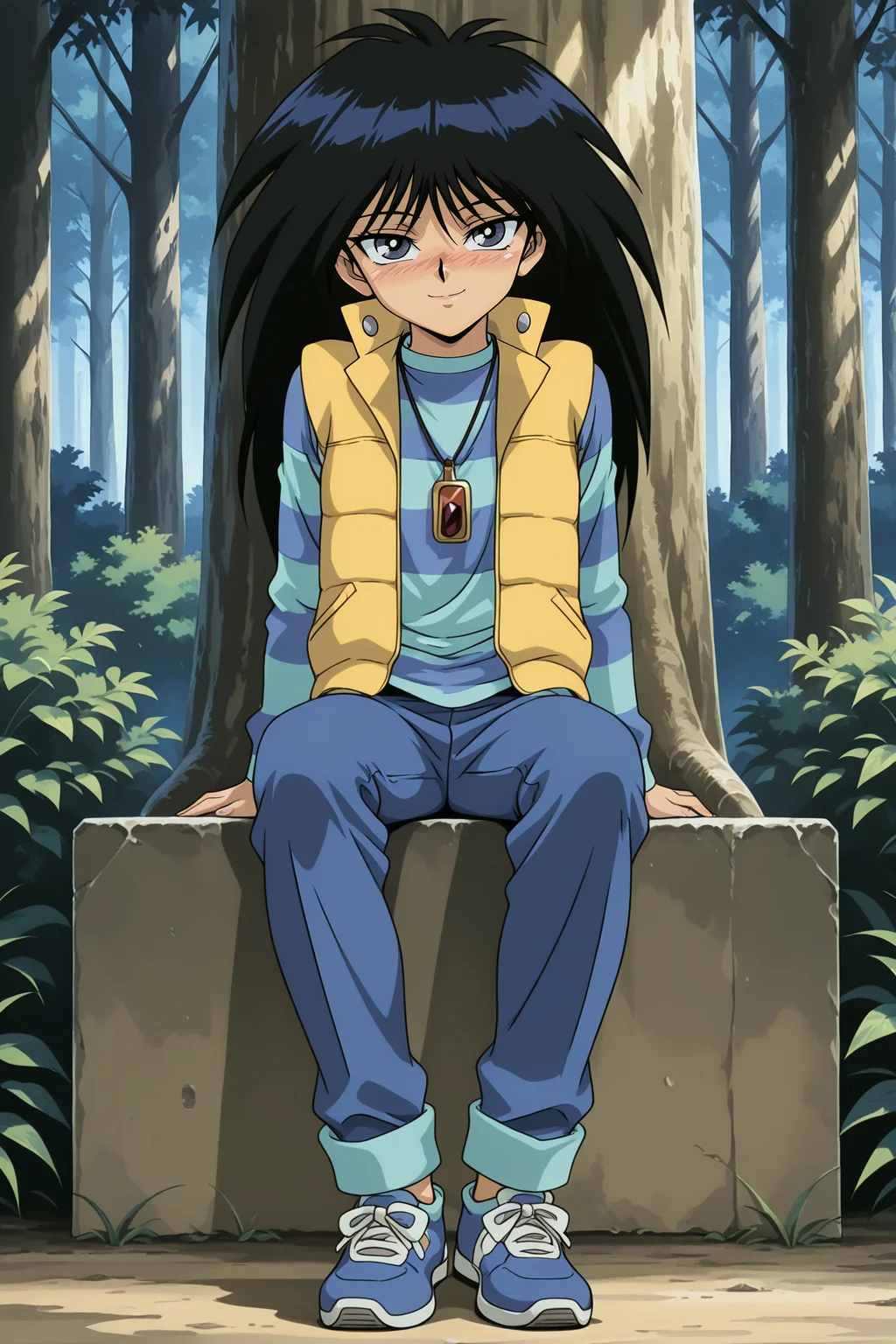 masterpiece,best quality,amazing quality, MokubaKaibaYGOILXL, 1boy, retro artstyle, grey eyes, black hair, long hair, bangs, flat chest, necklace, yellow vest, blue shirt, striped shirt, blue pants, blue shoes, solo, full body, sitting, ((bellow view)), seductive smile, looking at viewer, naughty face, nose blush, forest, tree <lora:MokubaKaibaYGOILXL:1>