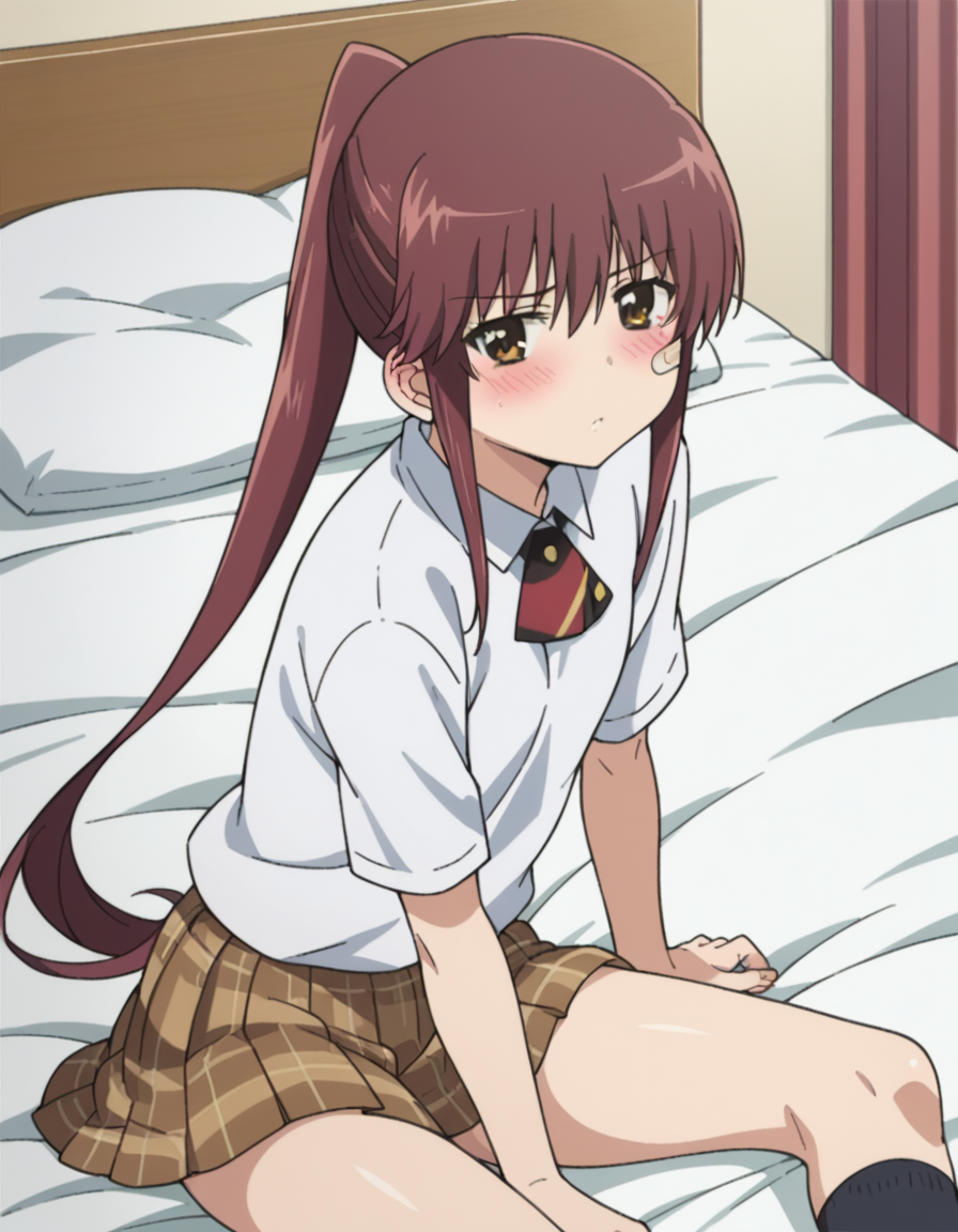 score_9, score_8_up, score_7_up, source_anime,
rikosuminoe, <lora:riko-suminoe-ova-ponyxl-lora-nochekaiser:1>,
riko suminoe, long hair, brown hair, brown eyes, ponytail, bandaid, bandaid on face, sidelocks,
skirt, shirt, school uniform, white shirt, socks, plaid, kneehighs, plaid skirt,
indoors, bed, bed room, on side, blush, drunk,
looking at viewer, dutch angle, cowboy shot,