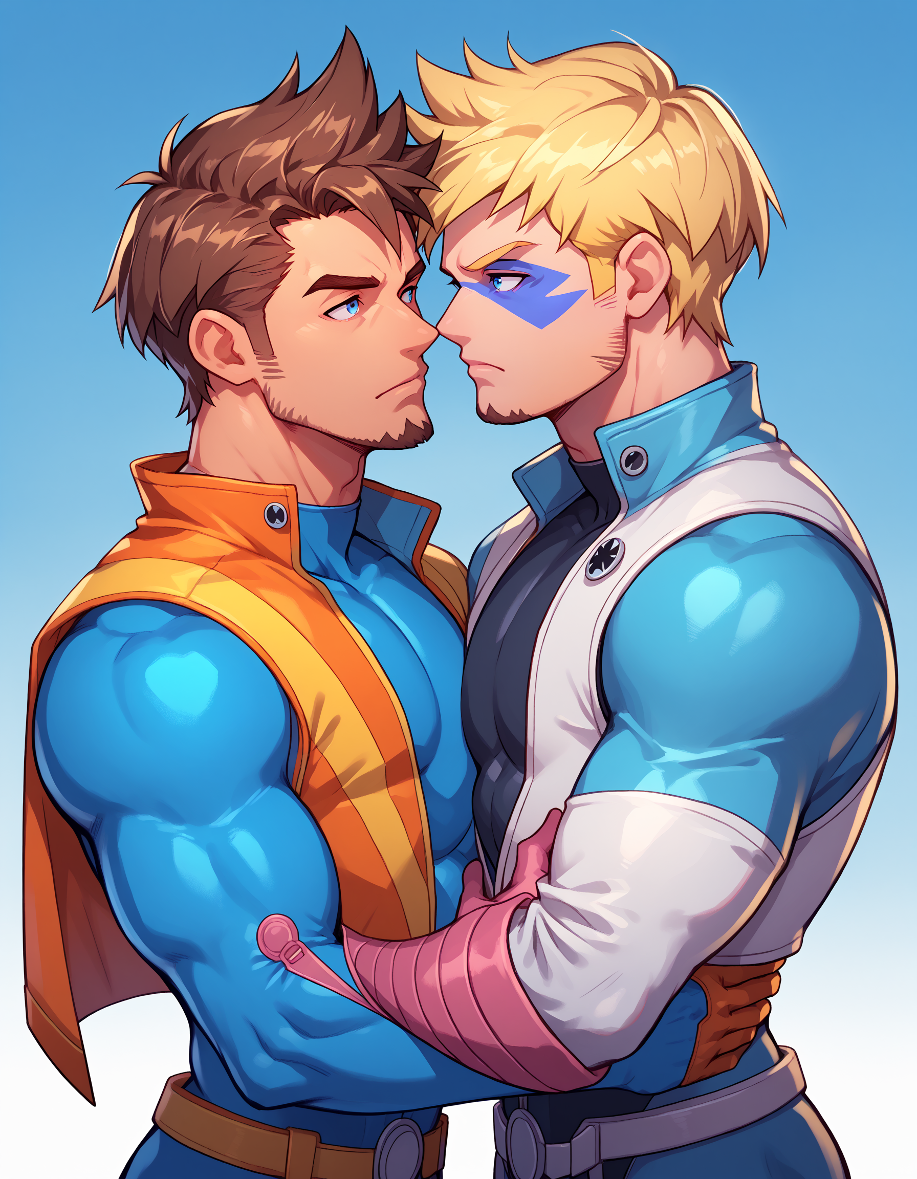 PonyXLV6_Scores BREAK souce_anime, E4rth_K4waii_Pr1de, short hair, blue eyes, blonde hair, brown hair, gloves, closed mouth, jacket, upper body, male focus, multiple boys, artist name, 2boys, looking at another, bodysuit, muscular, facial hair, facial mark, muscular male, bara, yaoi, multicolored clothes, eye contact, superhero, blue bodysuit, multicolored jacket, <lora:Earthnicity_Kawaii_LGBTQIA__Plural_Pride_Lora_Pony_XL:0.8>