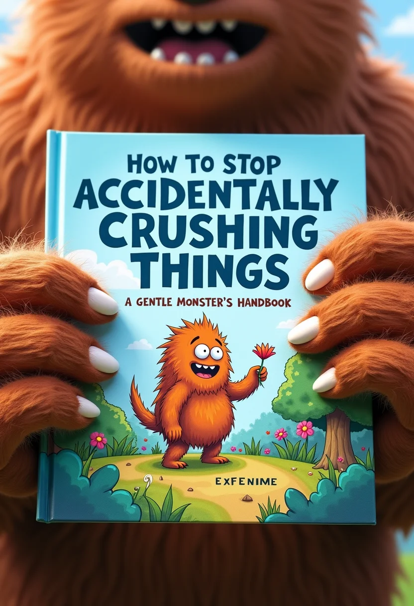 Closeup on a children’s picture book held by a giant monster with large claws. The title 'How to Stop Accidentally Crushing Things: A Gentle Monster’s Handbook' is written in big, friendly letters. The cover shows a friendly monster gently trying to pick up a tiny flower. Only the monster’s oversized hands and part of a whimsical, colorful forest are visible in the background, adding a lighthearted, humorous feel.