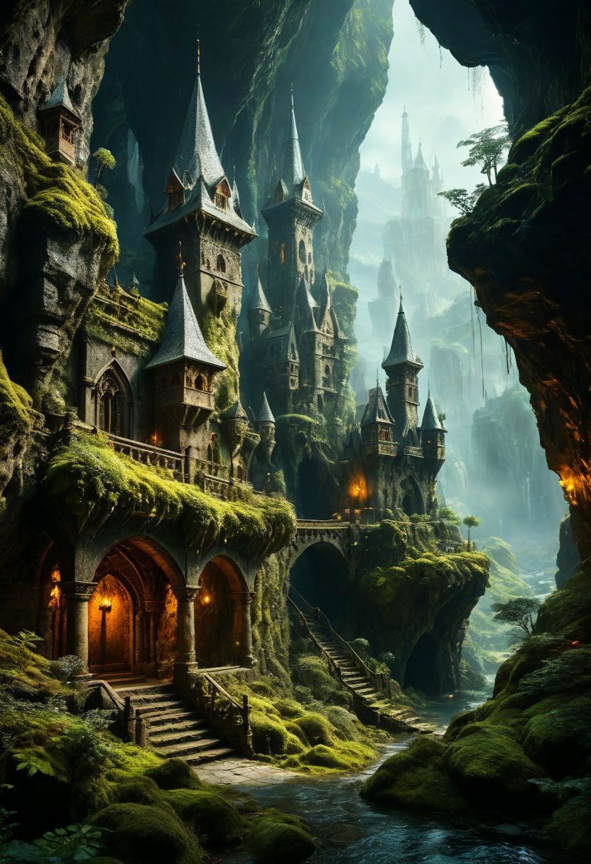 (magical fantasy hanging medieval city buildings with minarets in a fantastical vast expansive underground mossy enclosed cave dimension with lush shrubs vegetation), advntr, floating rock formations in zero gravity, (multi terraced slopes in a procession courtyard, cramped many story houses, many hanging connected multidimensional bridges and aqueducts with vines, giant olivine crystals and fungi), moody misty atmospherics, 4k, highres, best quality, dramatic, cinematic, epic, pantone analogue style, (concept art, digital art, realistic, professional masterpiece, dynamic, (curvilinear perspective), high view angle, establishing shot, low depth of field, tilt shift, iris blur, bokeh, sharp clarity:1.2), dvr-lnds-sdxl, fine intricate details, great lighting, warm dappled soft lighting, volumetric lighting, detailed highlights, rim lighting, low-key