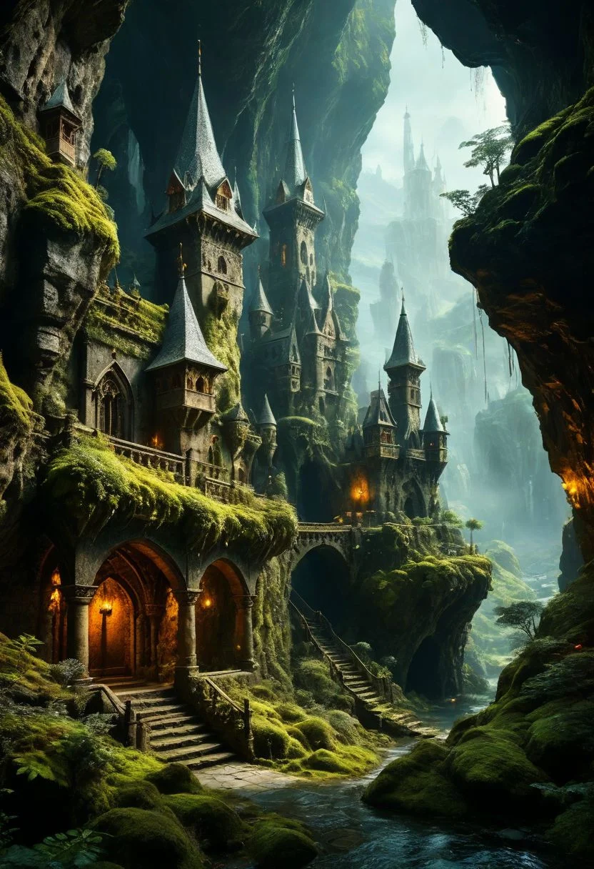 (magical fantasy hanging medieval city buildings with minarets in a fantastical vast expansive underground mossy enclosed cave dimension with lush shrubs vegetation), advntr, floating rock formations in zero gravity, (multi terraced slopes in a procession courtyard, cramped many story houses, many hanging connected multidimensional bridges and aqueducts with vines, giant olivine crystals and fungi), moody misty atmospherics, 4k, highres, best quality, dramatic, cinematic, epic, pantone analogue style, (concept art, digital art, realistic, professional masterpiece, dynamic, (curvilinear perspective), high view angle, establishing shot, low depth of field, tilt shift, iris blur, bokeh, sharp clarity:1.2), dvr-lnds-sdxl, fine intricate details, great lighting, warm dappled soft lighting, volumetric lighting, detailed highlights, rim lighting, low-key
