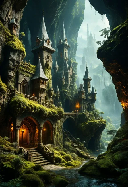 (magical fantasy hanging medieval city buildings with minarets in a fantastical vast expansive underground mossy enclosed cave dimension with lush shrubs vegetation), advntr, floating rock formations in zero gravity, (multi terraced slopes in a procession courtyard, cramped many story houses, many hanging connected multidimensional bridges and aqueducts with vines, giant olivine crystals and fungi), moody misty atmospherics, 4k, highres, best quality, dramatic, cinematic, epic, pantone analogue style, (concept art, digital art, realistic, professional masterpiece, dynamic, (curvilinear perspective), high view angle, establishing shot, low depth of field, tilt shift, iris blur, bokeh, sharp clarity:1.2), dvr-lnds-sdxl, fine intricate details, great lighting, warm dappled soft lighting, volumetric lighting, detailed highlights, rim lighting, low-key