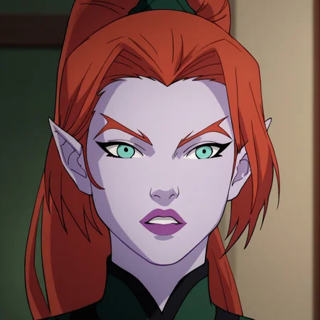 score_9, score_8_up, score_7_up, 1girl, solo, lipstick, red hair, ponytail, aqua eyes, colored skin, purple skin, pointy ears, leotard, LairaGL, looking at viewer, indoors, aura, face focus, portrait