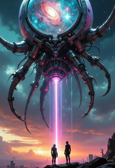 Its massive form is a fusion of sleek metallic limbs, pulsating organic tendrils glowing with a bioluminescent teal hue, and a dome-like head containing a swirling galaxy, glittering with stars in vivid shades of blue, purple, and gold. The entity’s outstretched robotic arm is intricately detailed, with hints of rusted crimson and shining chrome, as it dangles a fragile, glowing thread that leads to a lone figure below.
The figure, clad in a futuristic black-and-neon exosuit, gazes upward, their silhouette illuminated by the reflections of the entity’s dazzling galactic interior.
Above, the sky is a chaotic blend of dark clouds and streaks of radiant pink and orange light from distant neon billboards, creating an otherworldly, dreamlike backdrop. The scene pulses with an eerie, otherworldly vibrancy, where the boundaries of technology and cosmic mystery intertwine in breathtaking detail.