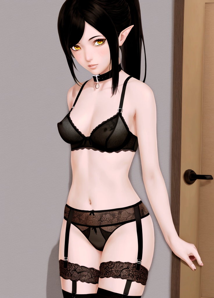 Harem_Hotel_Lin, 1girl, solo, long hair, black hair, thighhighs, navel, medium breasts, underwear, nipples, panties, yellow eyes, ponytail, pointy ears, bra, collar, underwear only, lingerie, garter belt, crotchless, cupless bra, nippleless clothes,  <lora:Harem_Hotel_Lin-10:0.6>,