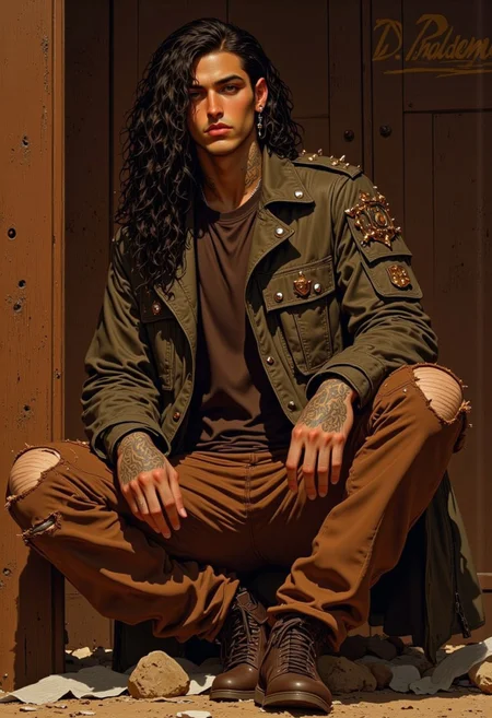 photo of a male model, sitting on the ground, leaning against a large, rusty metal pipe. He has long, wavy black hair, and a serious, intense expression. He is wearing a brown, military-style jacket with multiple pockets and buttons, adorned with metallic studs. The jacket is unzipped, revealing a dark brown t-shirt underneath. His pants are also brown, with multiple rips and tears, adding a rugged, distressed look. His skin is tanned, and he has multiple tattoos covering his arms and hands. He is wearing brown, lace-up combat boots. The background is a wooden door with the name "D. Prouhomme" engraved on it, and the door has a dark brown, rustic finish. The ground is covered in small rocks and pebbles. The lighting is warm and dramatic, casting shadows that enhance the textures and details of the model's clothing and tattoos. The overall mood is gritty and edgy, with a hint of rebellion. realistic, high-resolution, fashion photography, urban, dark, moody, tattoos, rugged, distressed clothing, intense expression, brown tones, metallic accents, industrial setting, detailed textures.