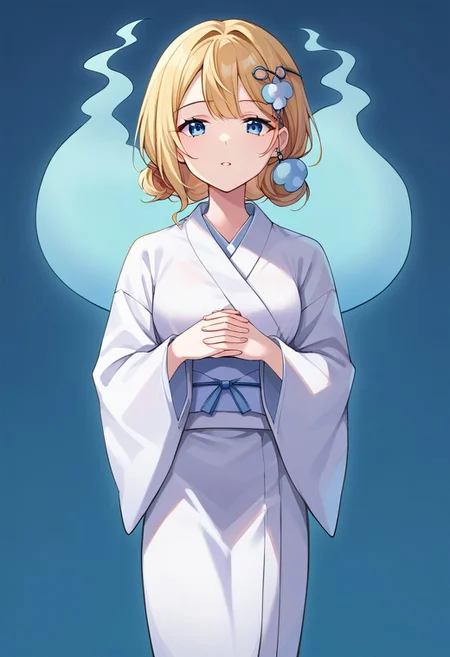 score_9, score_8, score_7, source_anime, 1girl, solo, shiroshouzoku, own hands together, ghost tail, pillow, :d, facing viewer, sidelocks, hair ornament, parted lips, standing