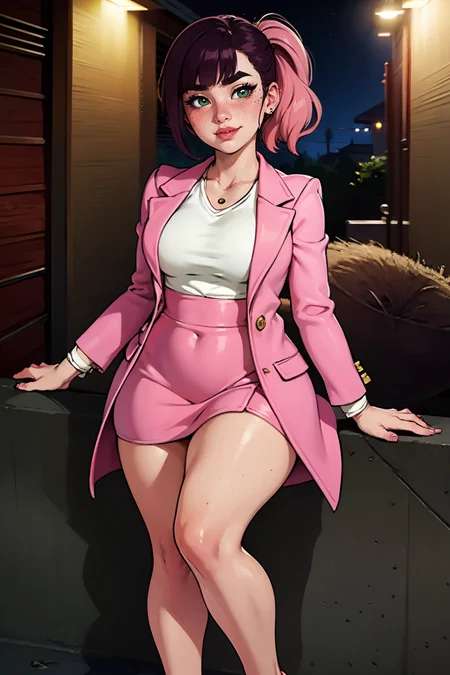 highres, masterpiece, perfect lighting, bloom, night, dark, cinematic lighting, adult, female, looking at viewer, full body, feet out of frame, (RSEEmma:1.5),<lora:RSERomantic_RSESofiko_RSEEmma-v1:0.3>, (small breasts:1.4), wide hips, thick thighs, edgCJ, wearing edgCJ, chic jacket, blunt bangs, black hair:pink hair, messy mid ponytail, green eyes, thick eyebrows, freckles, full lips, smug, smirk, <lora:weight_slider_v2:1.25> <lora:edgChicJackets:1>