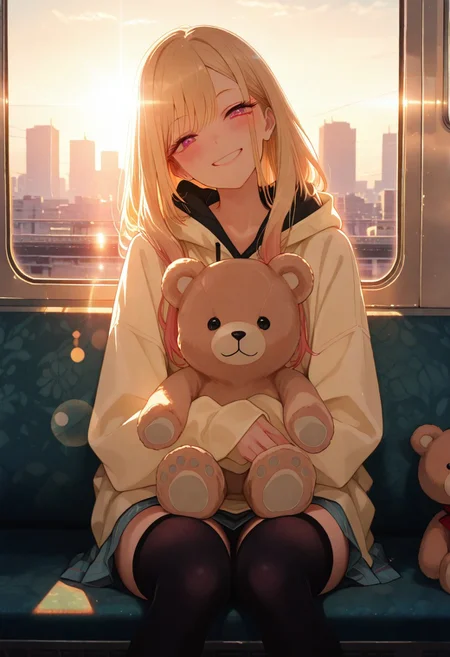 best quality, amazing quality masterpiece, very aesthetic, absurdres, newest, cinematic lighting, backlit, backlighting, soft colors, 1girl, MarinKitagawa CYQL, solo, hood down, black thighhighs, head tilt,selfie, smiling, [sitting], llooking at viewer, (((straight on))), front view, (leaning against glass), teddy bear, sunbeam, sunlight, lens flare, train interior, cityscape,