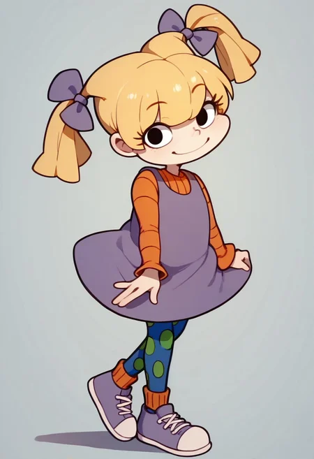 score_9, score_8_up, score_7_up BREAK AngelicaP, 1girl, blonde hair, black eyes, pigtails, purple bows, sleeveless purple dress, orange long-sleeved shirt, blue green polka dot leggings, orange socks, purple white shoes, full body, smiling at viewer, cartoon, source_cartoon,