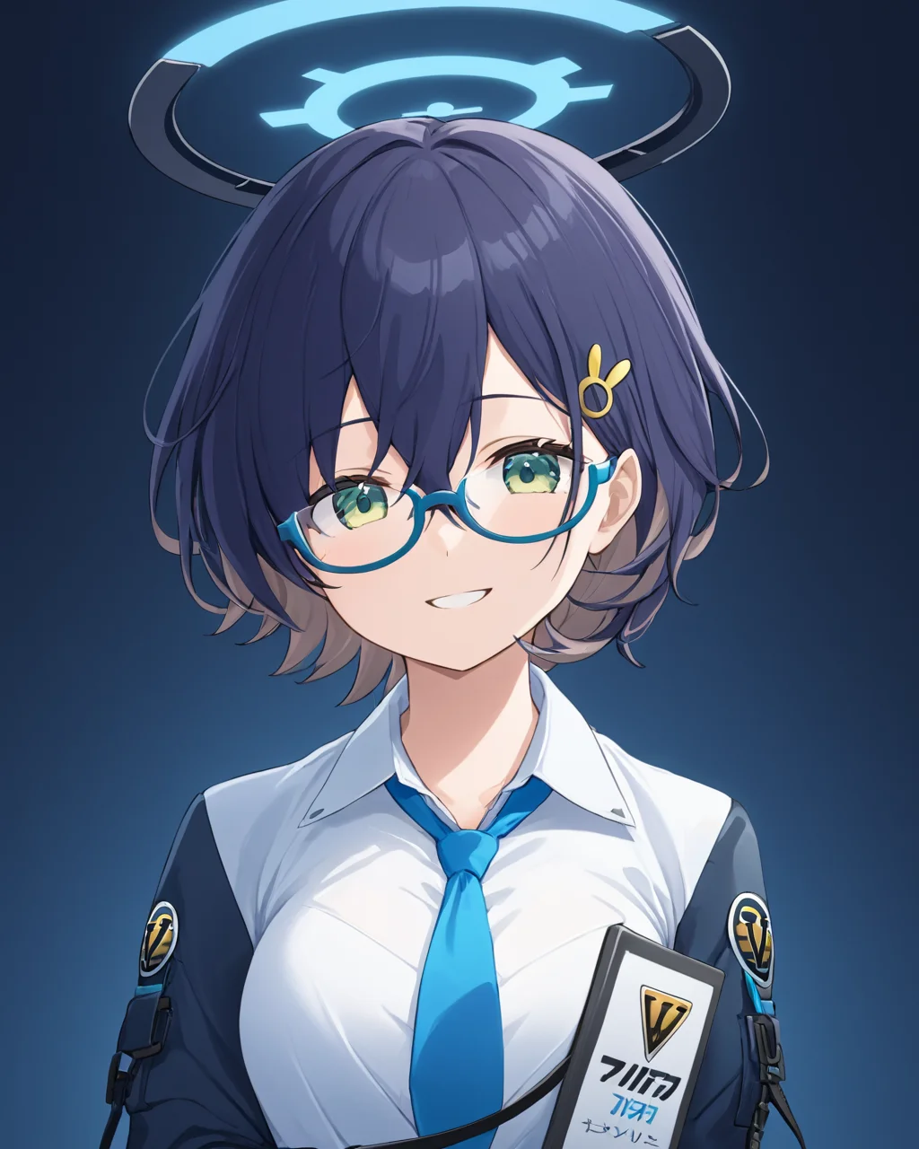 chihiro \(blue archive\),1girl, halo, solo, glasses, jacket, smile, blue_necktie, upper_body, rabbit_hair_ornament, blue-framed_eyewear, long_sleeves, collared_shirt, semi-rimless_eyewear, white_shirt
<lora:chihiro_(blue_archive)_image606_2023-11-26-000015:1>halo. gorgeous,key visual, vibrant, studio anime,award-winning, professional, highly detailed,high budget, cinemascope